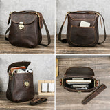 Vintage crazy horse leather lock messenger bag angled view