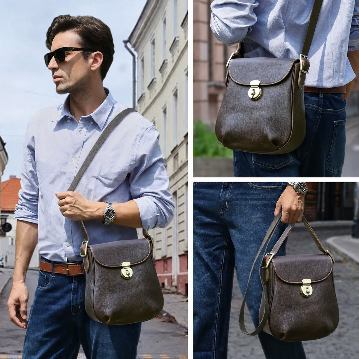 Compact crazy horse leather messenger bag side profile