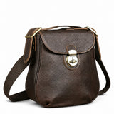 Vintage coffee leather lock messenger bag white background front view