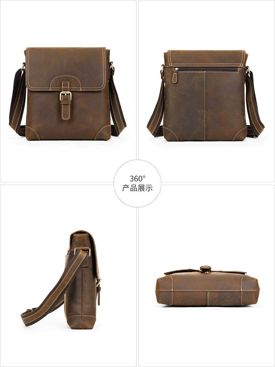 Vintage leather messenger bag 360 degree product view
