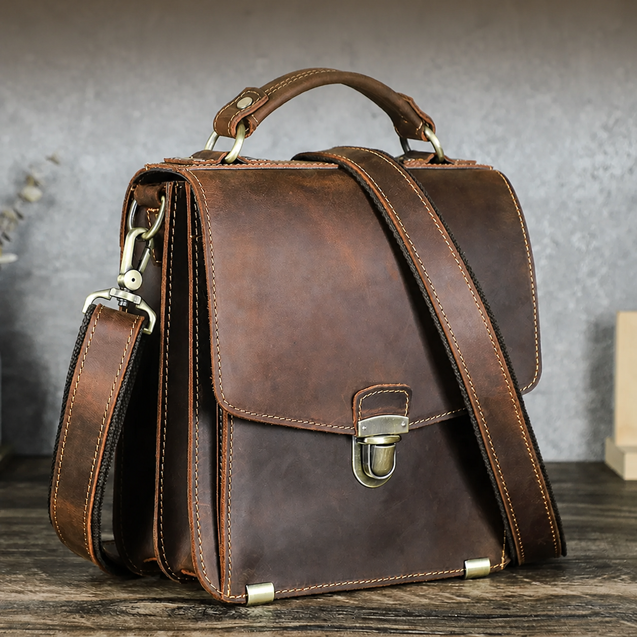 Vintage brown crazy horse leather messenger bag front view