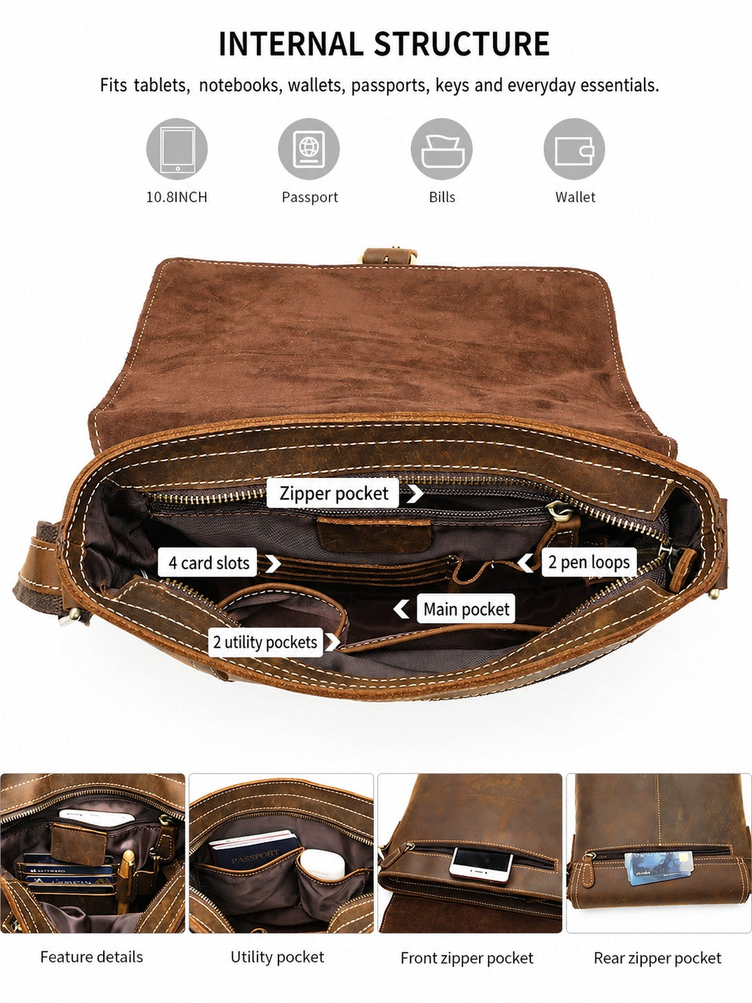 Leather messenger bag internal structure and pockets