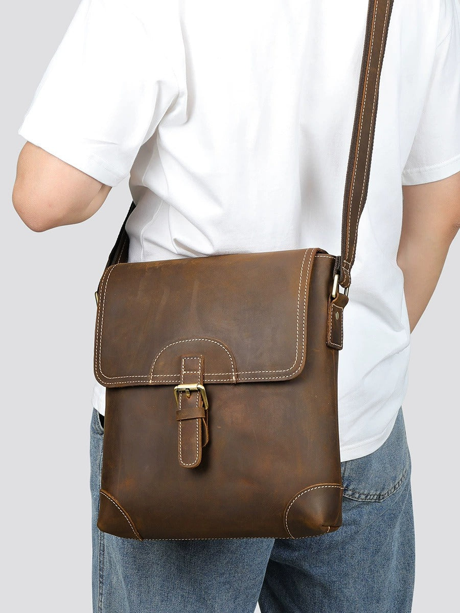 Crazy horse leather messenger bag worn side view