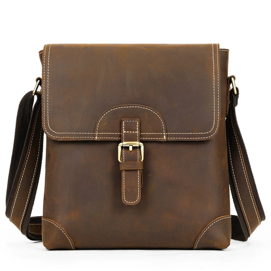Coffee brown genuine leather messenger bag white background front view