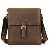 Coffee brown genuine leather messenger bag white background front view