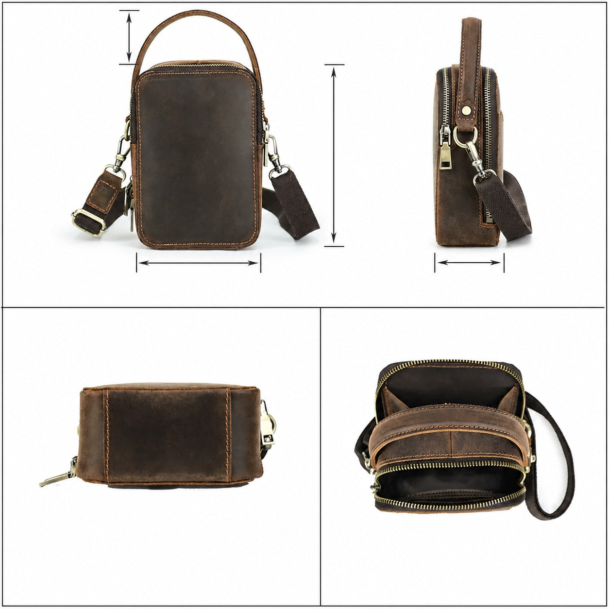 Leather phone bag dimension and construction view