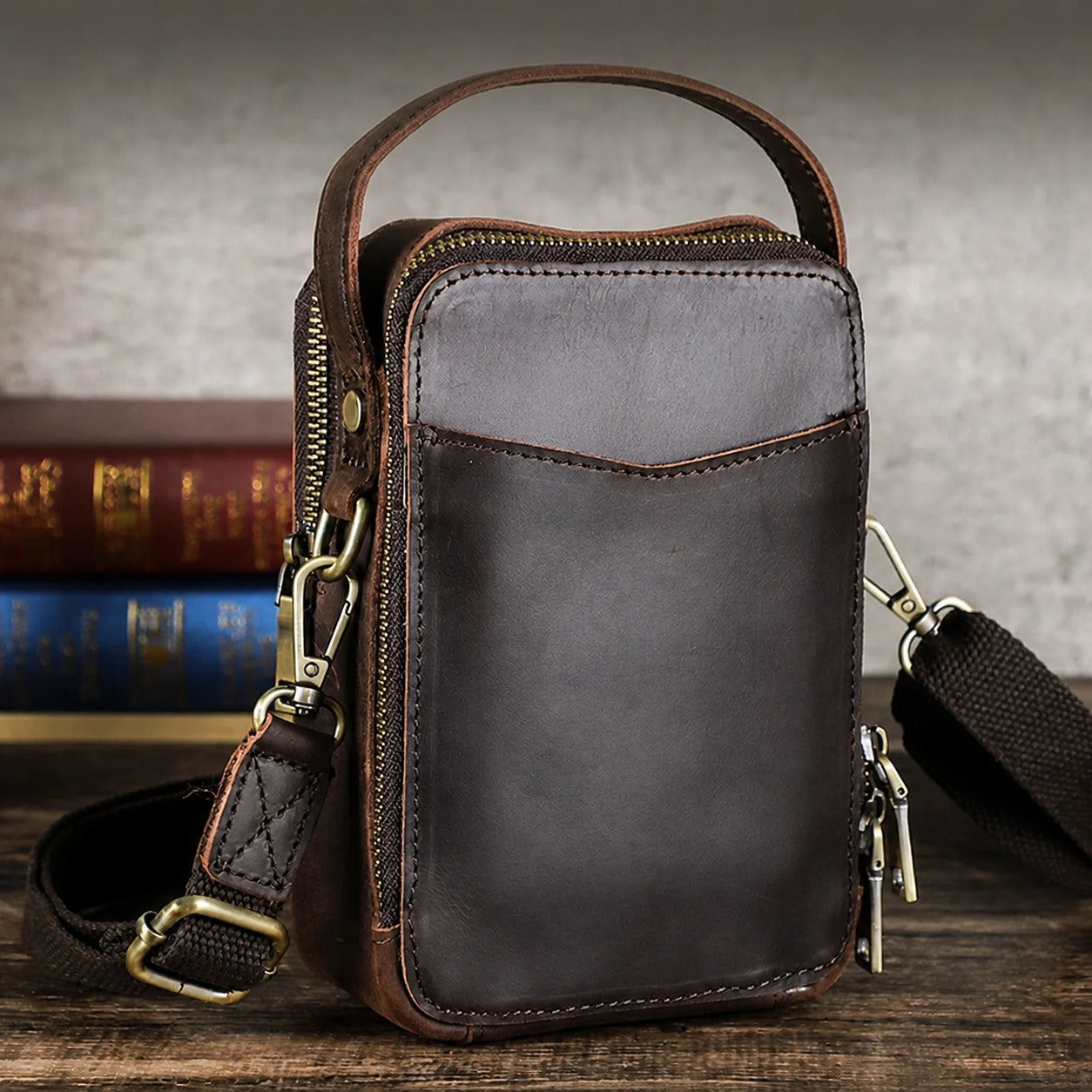 Vintage leather phone crossbody bag lifestyle view