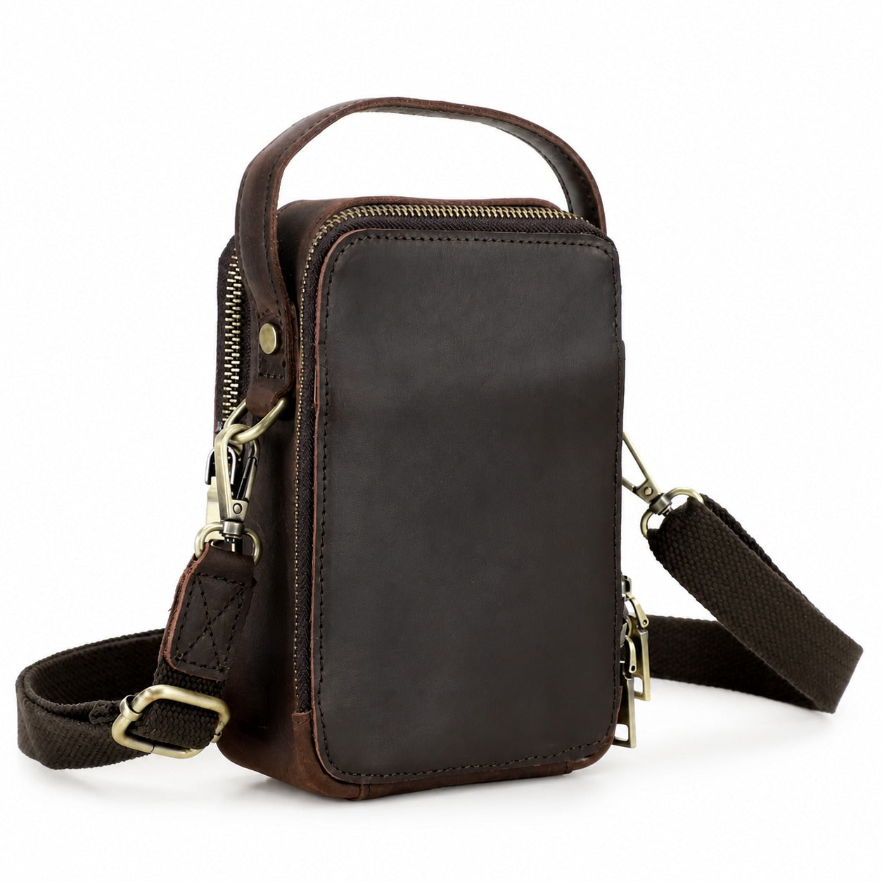 Brown genuine leather phone crossbody bag white background front view