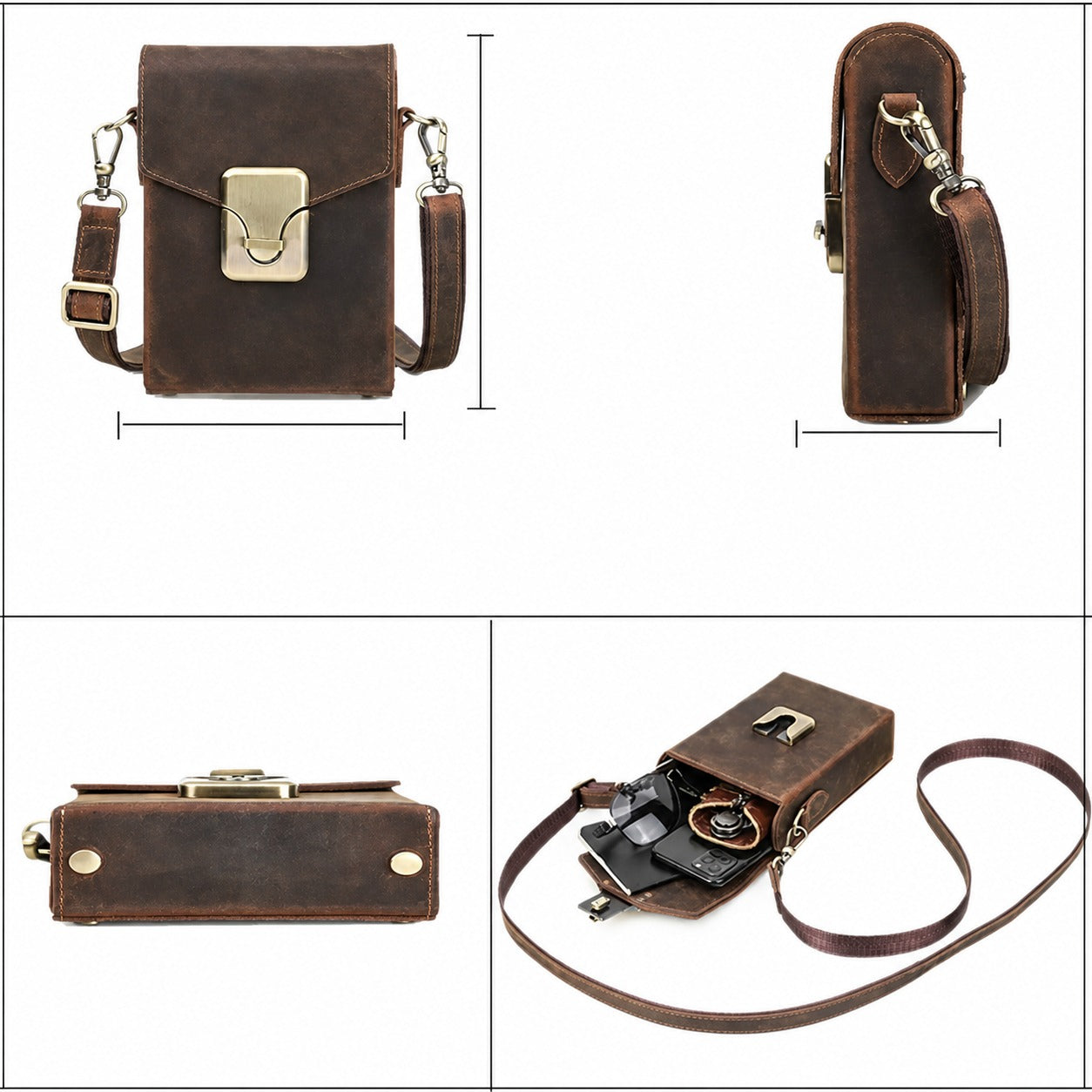 Leather crossbody bag dimension and construction view