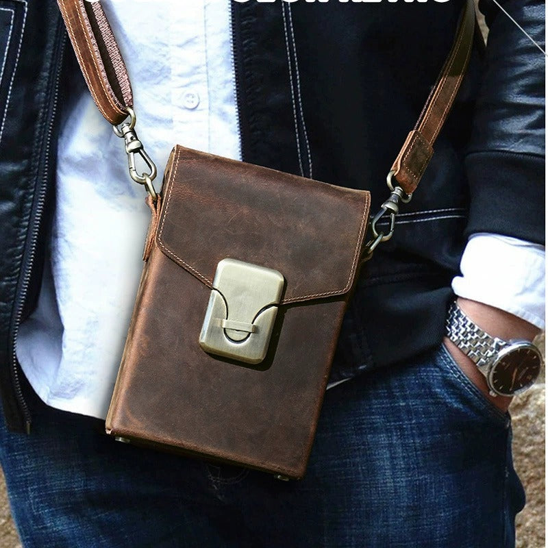 Leather push-lock crossbody bag worn view