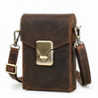 Brown leather push-lock crossbody bag white background front view