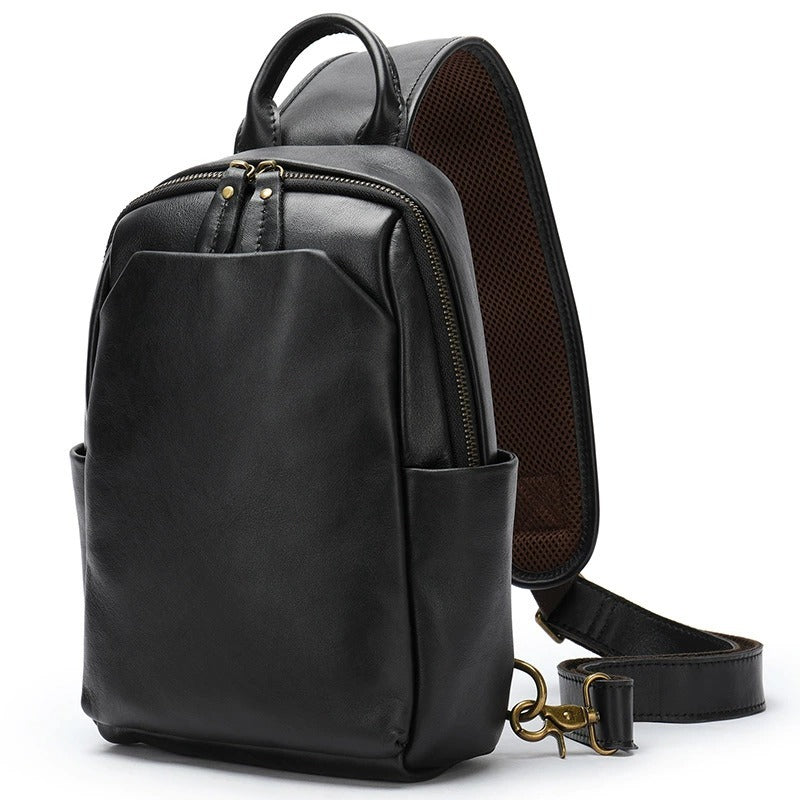 Woosir vintage crazy horse leather sling chest bag lifestyle view