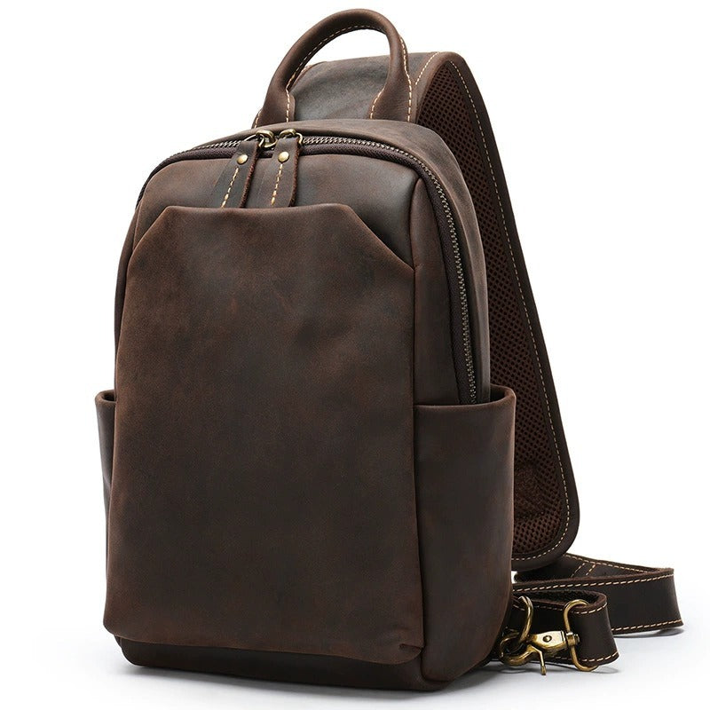 Woosir vintage crazy horse leather sling chest bag clean product angle