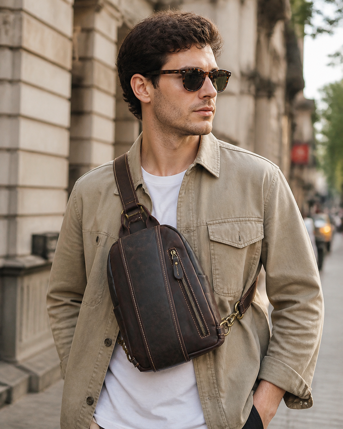 Woosir vintage crazy horse leather sling chest bag model front wearing