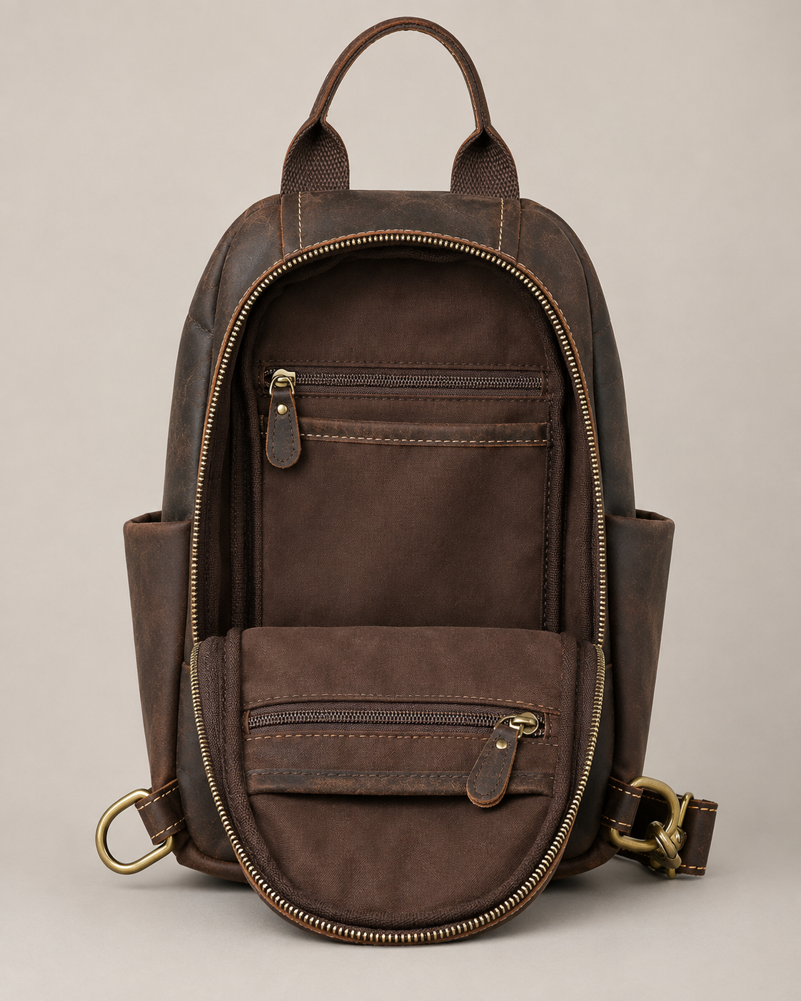Woosir vintage crazy horse leather sling chest bag open interior storage
