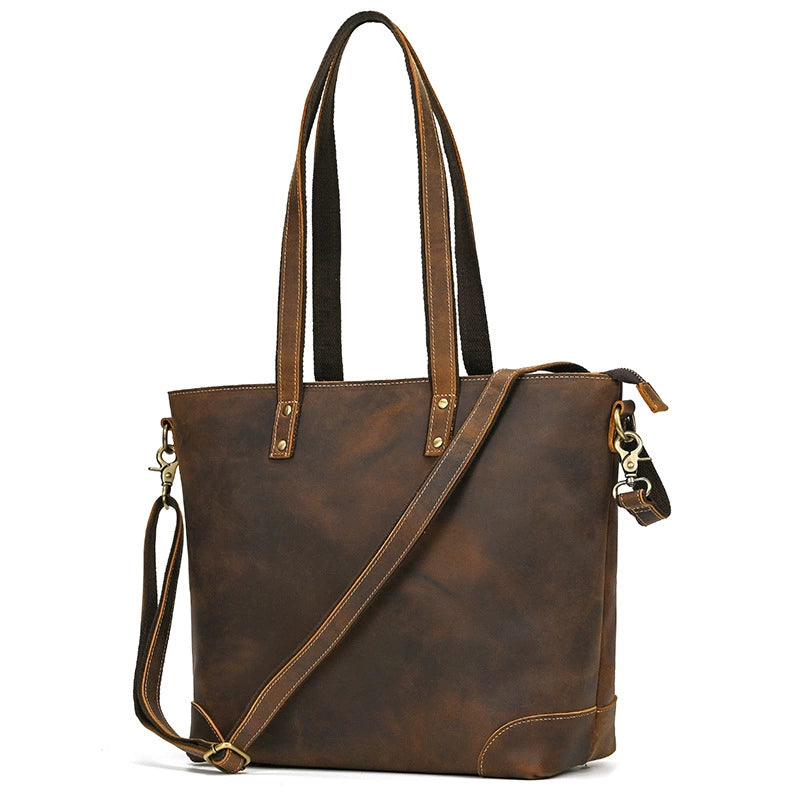 SEO: Woosir Vintage Crazy Horse Leather Tote Shoulder Bag detail view