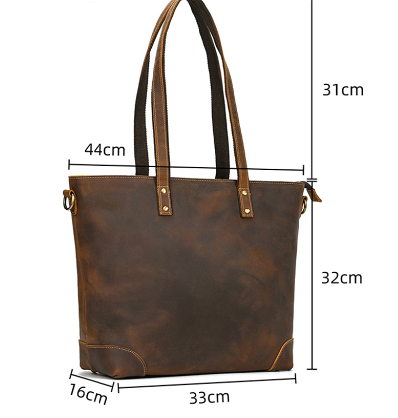 Vintage crazy horse leather tote shoulder bag measurement and front view