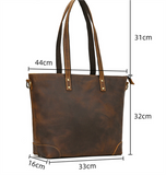 Vintage crazy horse leather tote shoulder bag measurement and front view