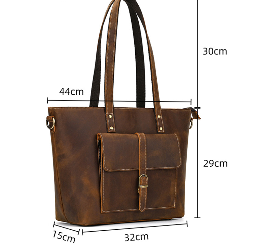 Vintage crazy horse leather tote shoulder bag front pocket measurement