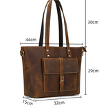 Vintage crazy horse leather tote shoulder bag front pocket measurement