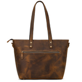Vintage crazy horse leather tote shoulder bag front zipper detail