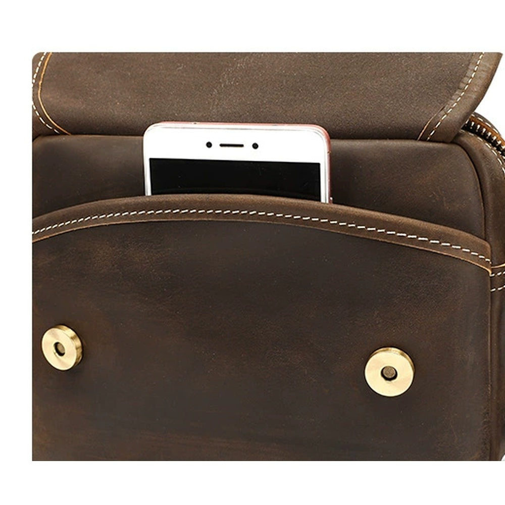 Woosir Vintage Crazy Horse Leather Shoulder Bag crazy horse shoulder bag 10 front pocket detail