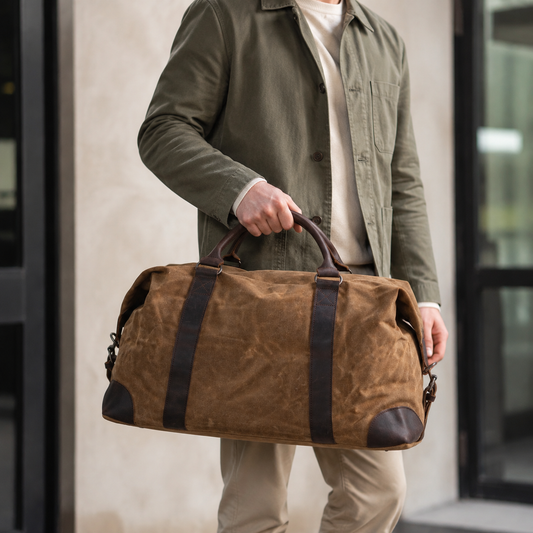 Vintage Waxed Canvas Duffle Bag with Leather Trim exact product model front lifestyle