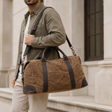Vintage Waxed Canvas Duffle Bag with Leather Trim exact product model side lifestyle