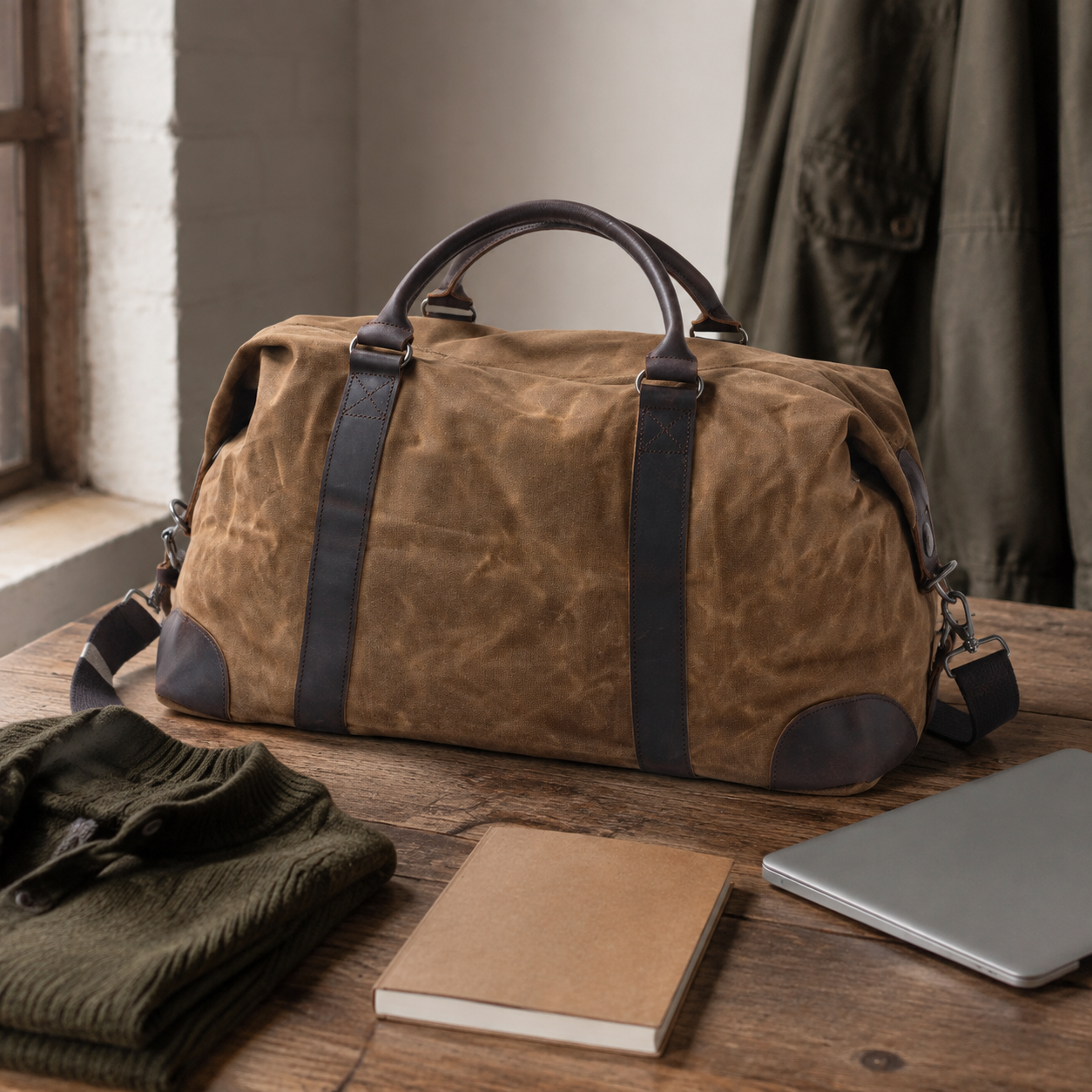 Vintage Waxed Canvas Duffle Bag with Leather Trim exact product scene desk lifestyle