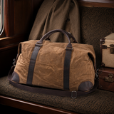 Vintage Waxed Canvas Duffle Bag with Leather Trim exact product scene travel lifestyle