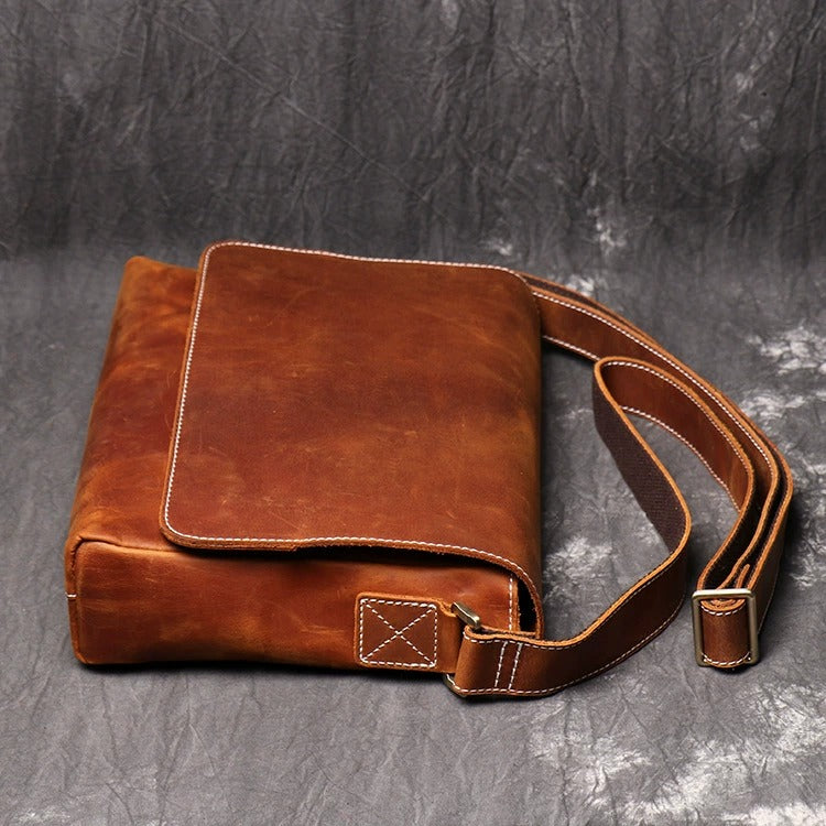 Vintage leather messenger bag back view