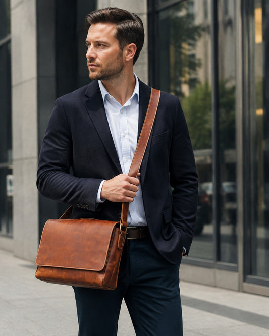Vintage full-grain leather messenger bag worn by professional
