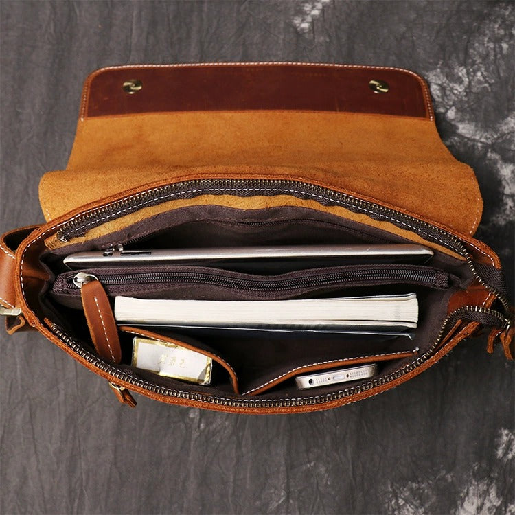 Leather messenger bag open storage