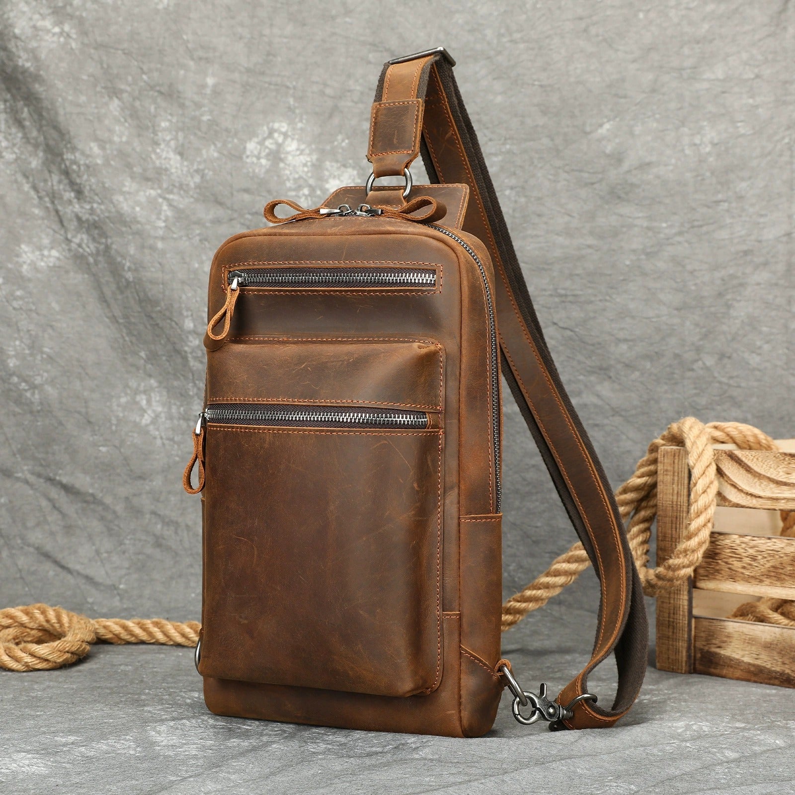 Woosir vintage full grain leather chest bag lifestyle view