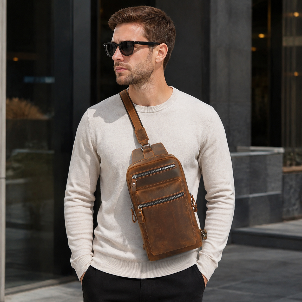 Woosir vintage full grain leather chest bag front model wearing
