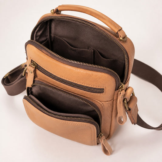 Vintage full-grain leather messenger bag interior structure