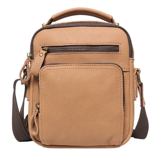 Vintage full-grain leather messenger bag on white background