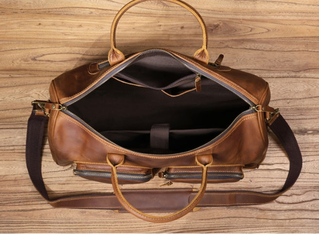Woosir Vintage Full-Grain Leather Travel Duffle 1688 interior structure view