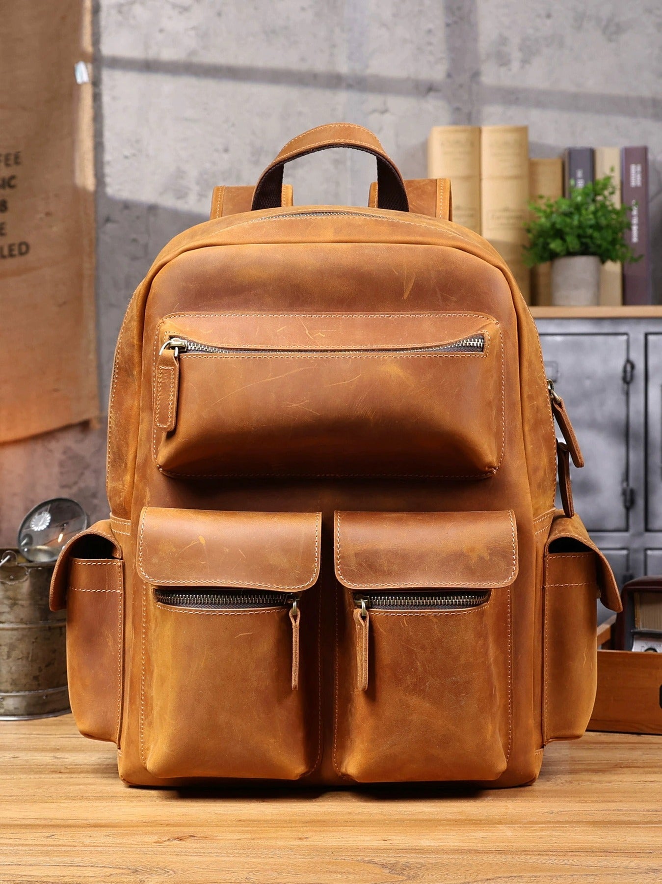 Woosir Vintage Leather Laptop Backpack for Men front tan