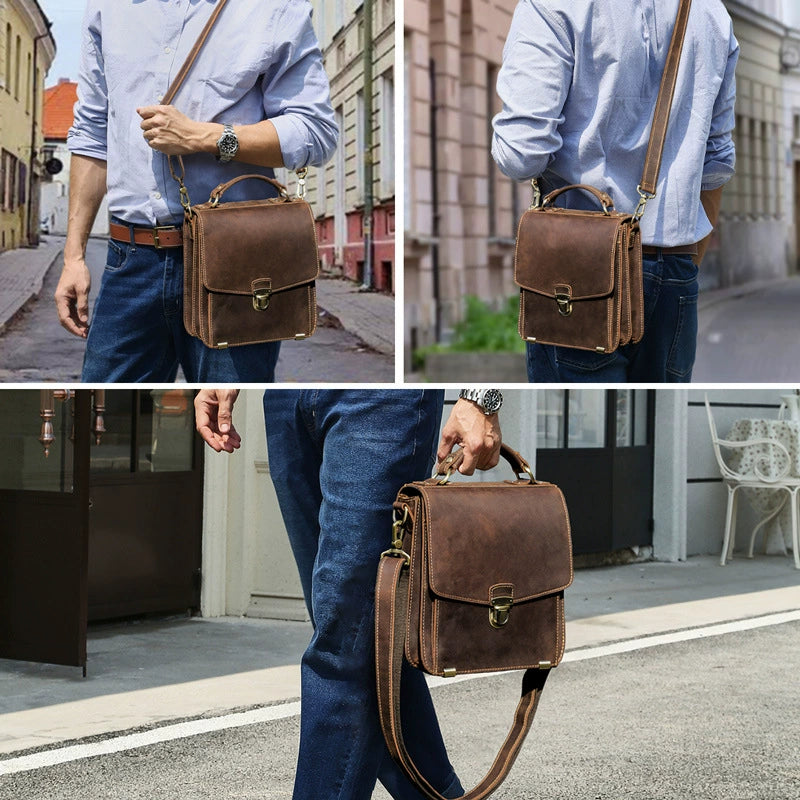 Vintage leather messenger bag side profile and adjustable strap