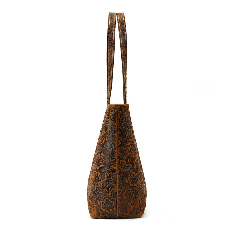 SEO: Woosir Vintage Printed Genuine Leather Tote Shoulder Bag rear view
