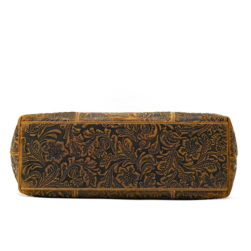 SEO: Woosir Vintage Printed Genuine Leather Tote Shoulder Bag side view