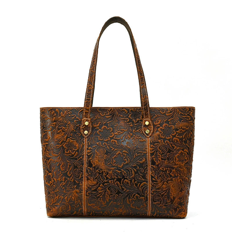 SEO: Woosir Vintage Printed Genuine Leather Tote Shoulder Bag strap detail