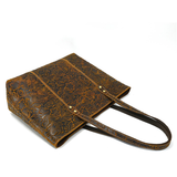 Vintage printed genuine leather tote shoulder bag flat lay view
