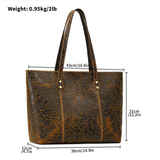 Vintage printed genuine leather tote shoulder bag dimensions and front view