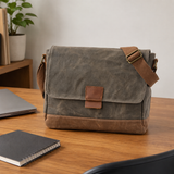 Waterproof Waxed Canvas Messenger Bag for Men exact product scene desk lifestyle