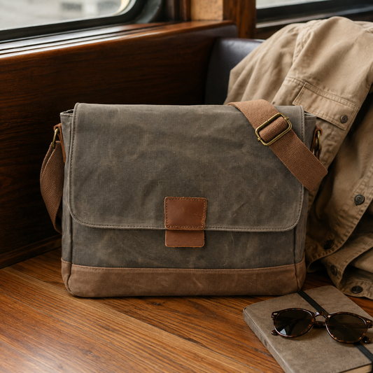 Waterproof Waxed Canvas Messenger Bag for Men exact product scene travel lifestyle