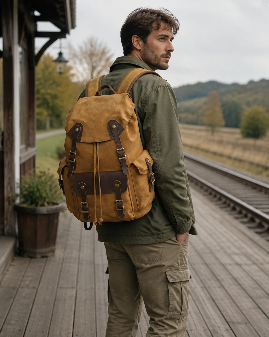 Woosir generated model 2 | waxed-canvas-backpack-vintage-outdoor-travel-for-men