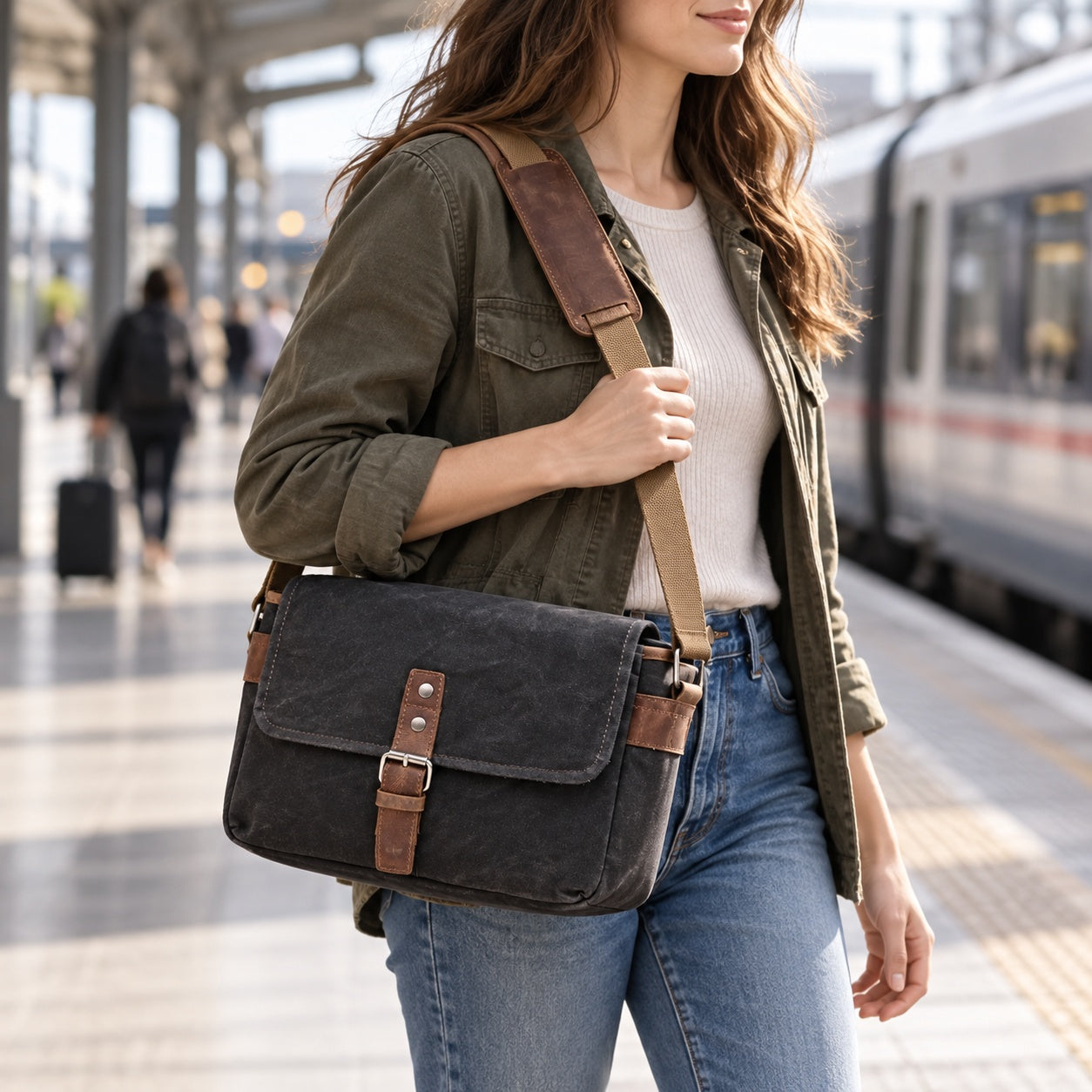 Woosir Waxed Canvas Camera Messenger Bag female model lifestyle