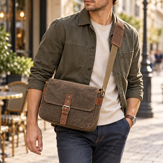 Woosir Waxed Canvas Camera Messenger Bag male model lifestyle